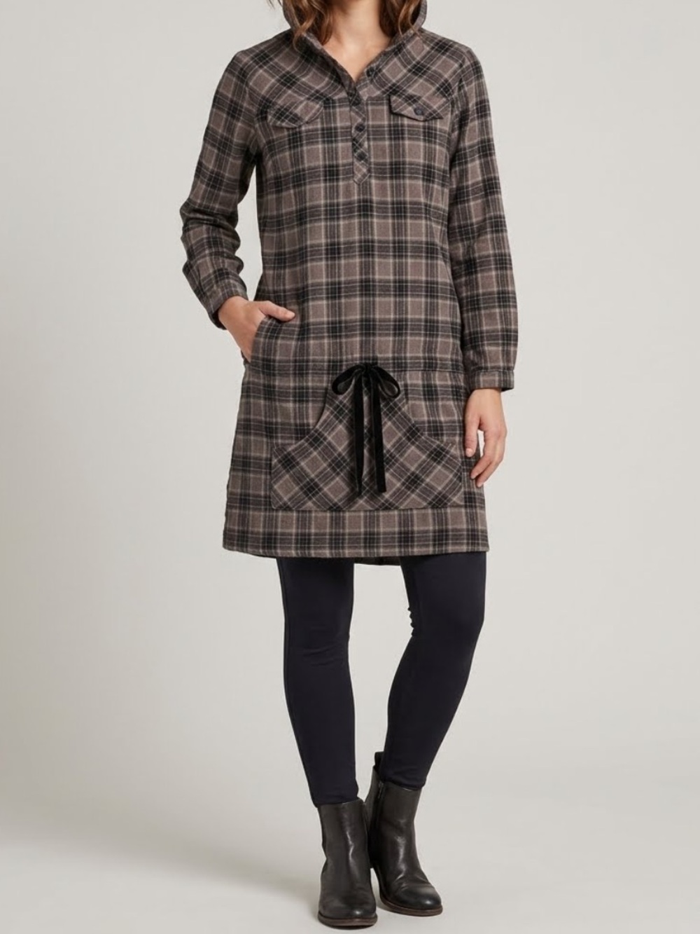 KOSMIKA Made In Italy Plaid Shirt Dress 1/4 Button Down Hooded Small